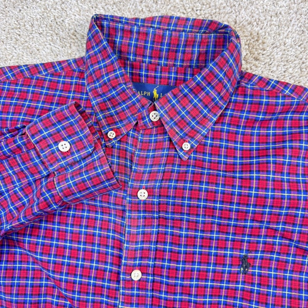 Ralph Lauren Mens Medium Plaid Button Down Shirt Red Blue Tartan Cotton Long